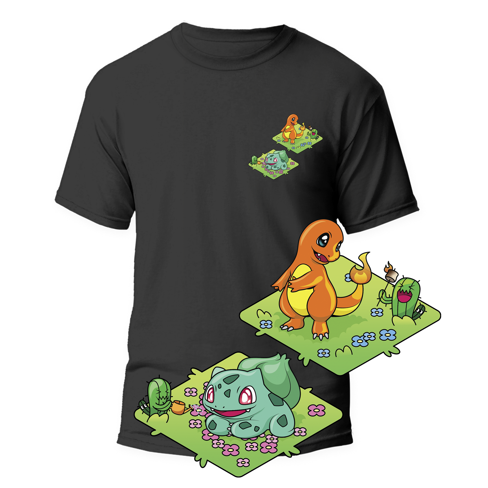 Cactus T-Shirt - Kanto Starters - Nero