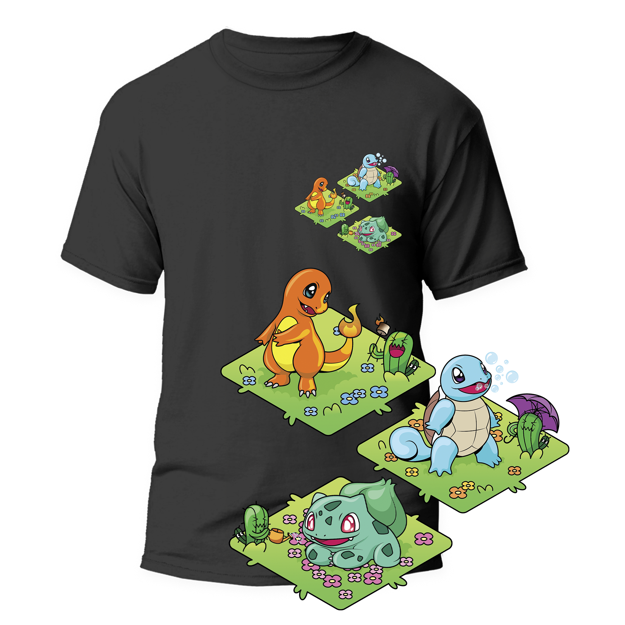 Cactus T-Shirt - Kanto Starters - Nero