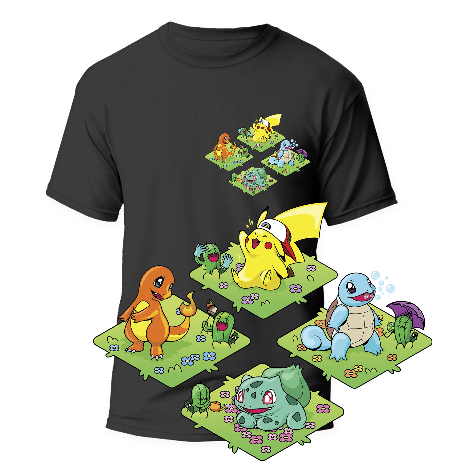 Cactus T-Shirt - Kanto Starters - Nero