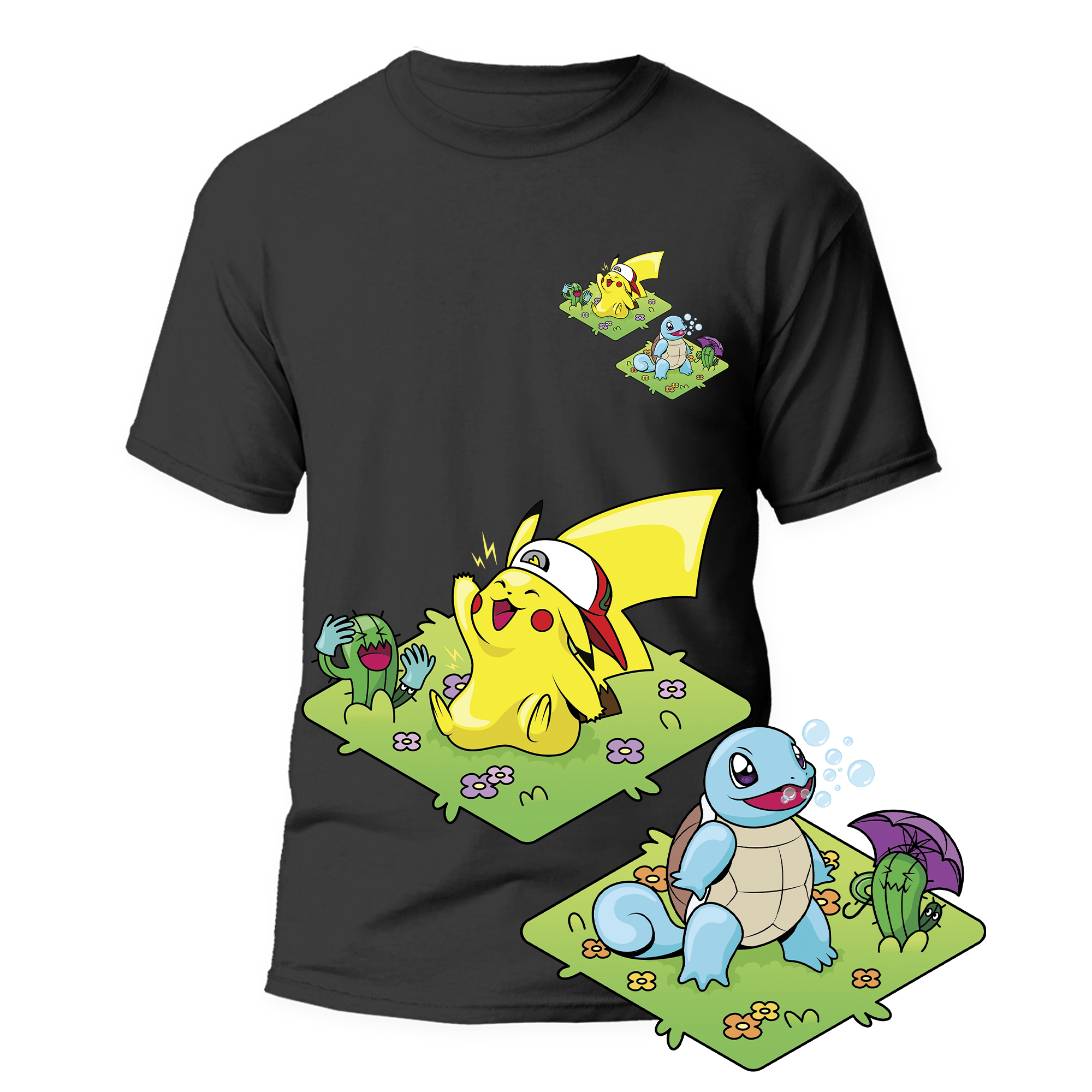 Cactus T-Shirt - Kanto Starters - Nero