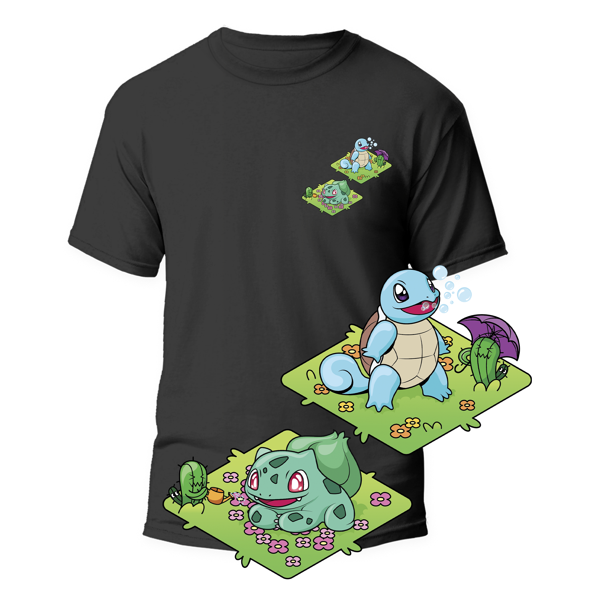 Cactus T-Shirt - Kanto Starters - Nero